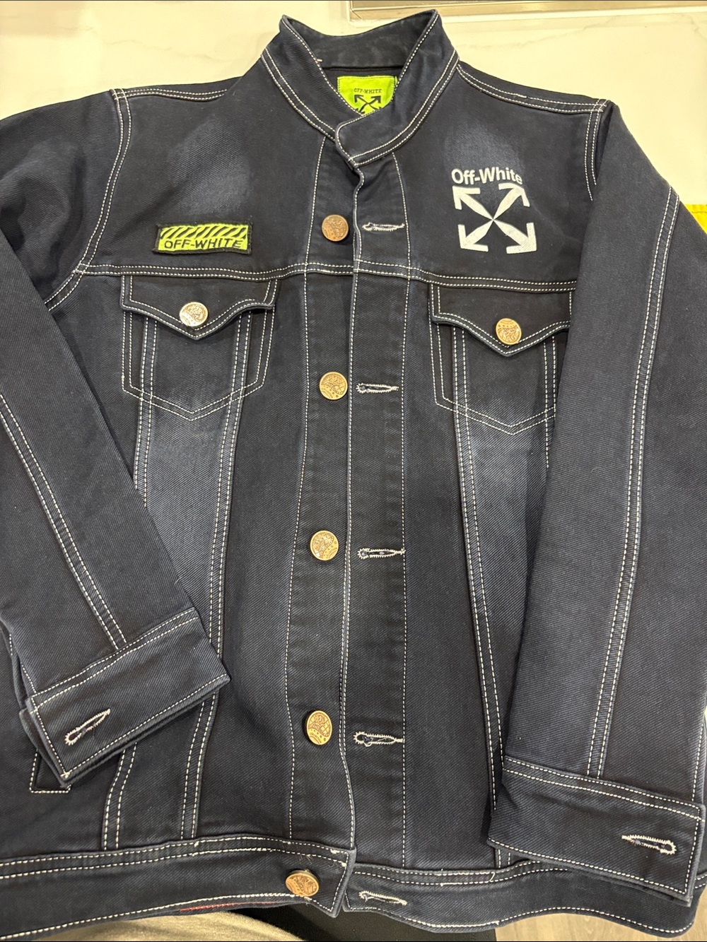 Off-White Men's Denim Jacket with White Logo and Yellow Patch